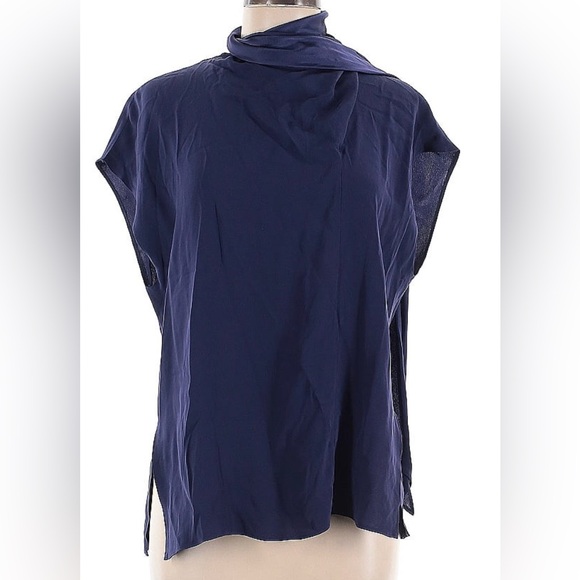 Vanilia Danish Viscose Crepe Blouse with Neck Tie Dark Navy Blue Top EU40 sz M-L - Picture 1 of 5